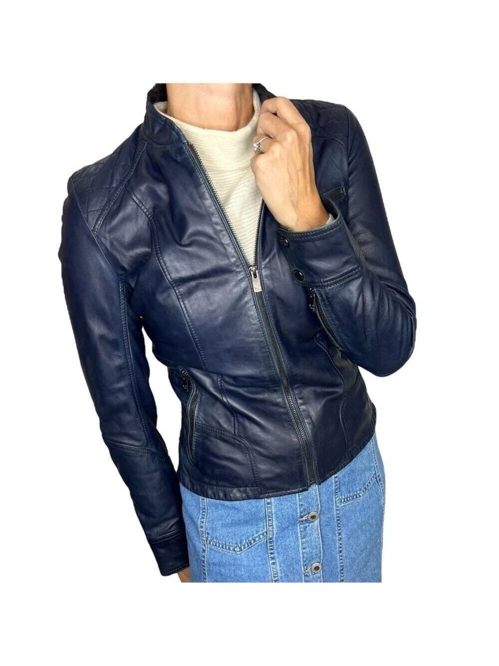 Bod & Christensen Sandra blue leather fitted moto jacket XS